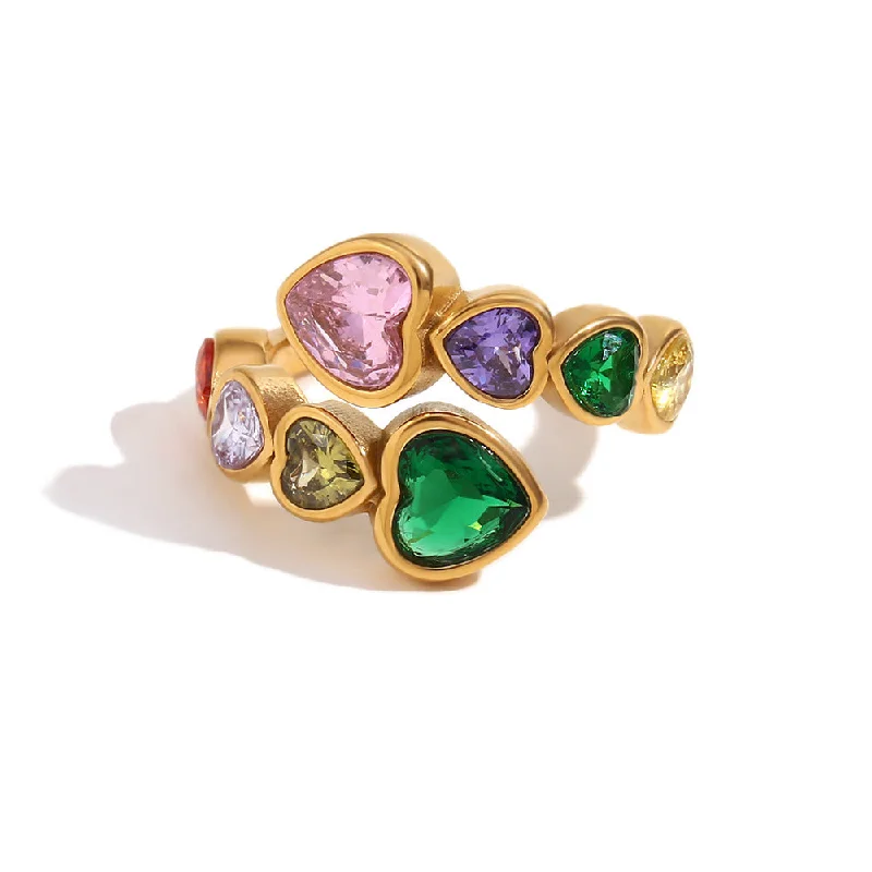 Open Heart Zircon Ring - Gold - Colorful Diamond