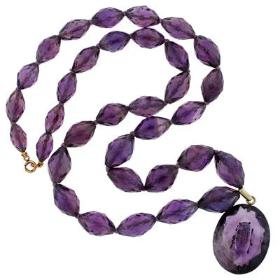 Sterling Silver Chain Necklace-Late Victorian Sterling Carved Amethyst Pendant & Beads