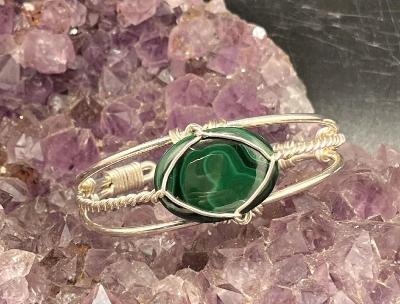 Dainty Beaded Bracelet-Malachite on Sterling Silver Cuff Bracelet Wire wrapped Handmade