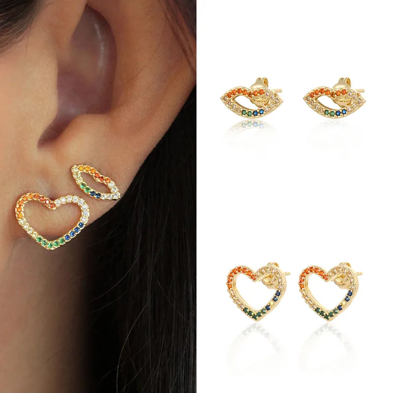 Colorful Engagement Ring-1 Pair Ig Style Lips Heart Shape Plating Inlay Copper Zircon Gold Plated Ear Studs