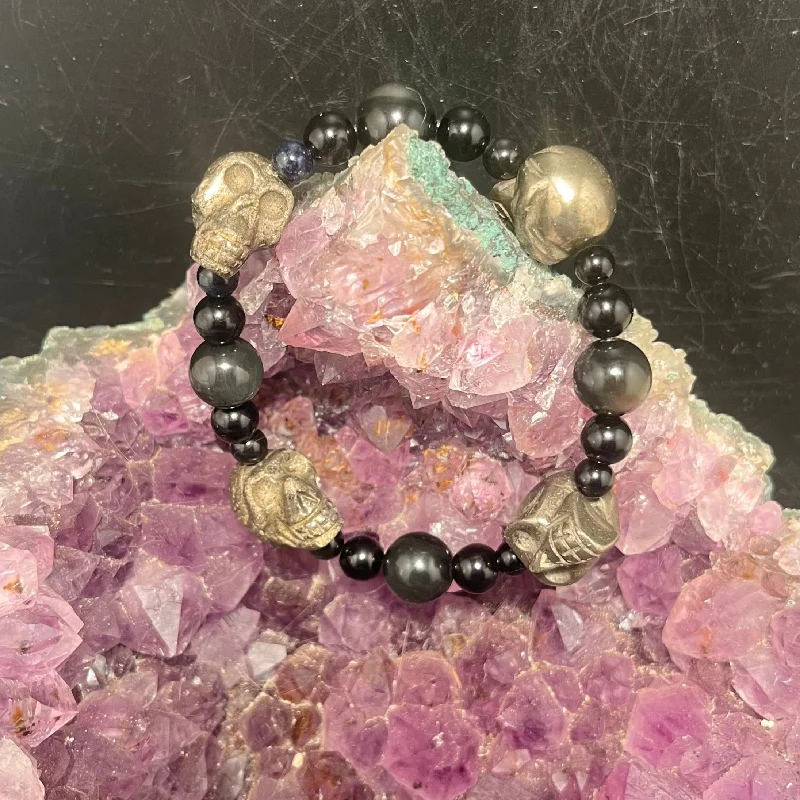 Beaded Gemstone Bracelet-Black Obsidian Stretchy Bracelet with Pyrite Skulls