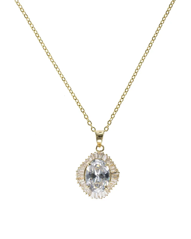 Classic Diamond Necklace-Oval and Baguette CZ Pendant Necklace