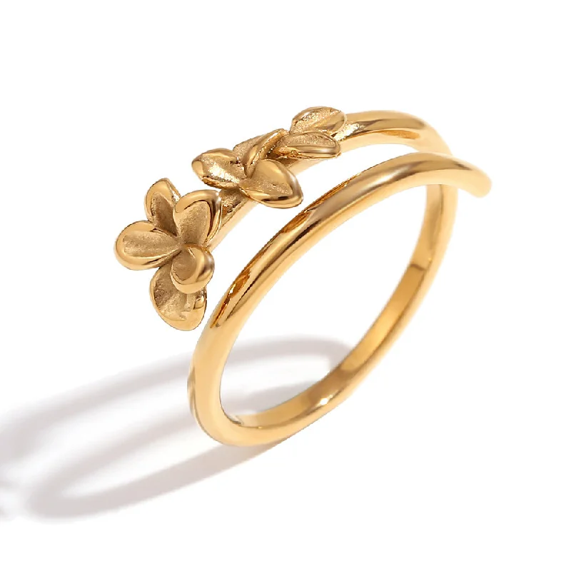 Double layered Three Flower Open Ring - Gold