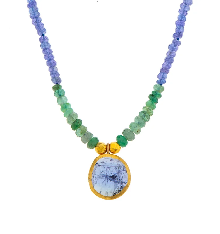 Natural Gemstone Necklace-Nava Zahavi Yellow Gold Tanzanite and Emerald Necklace