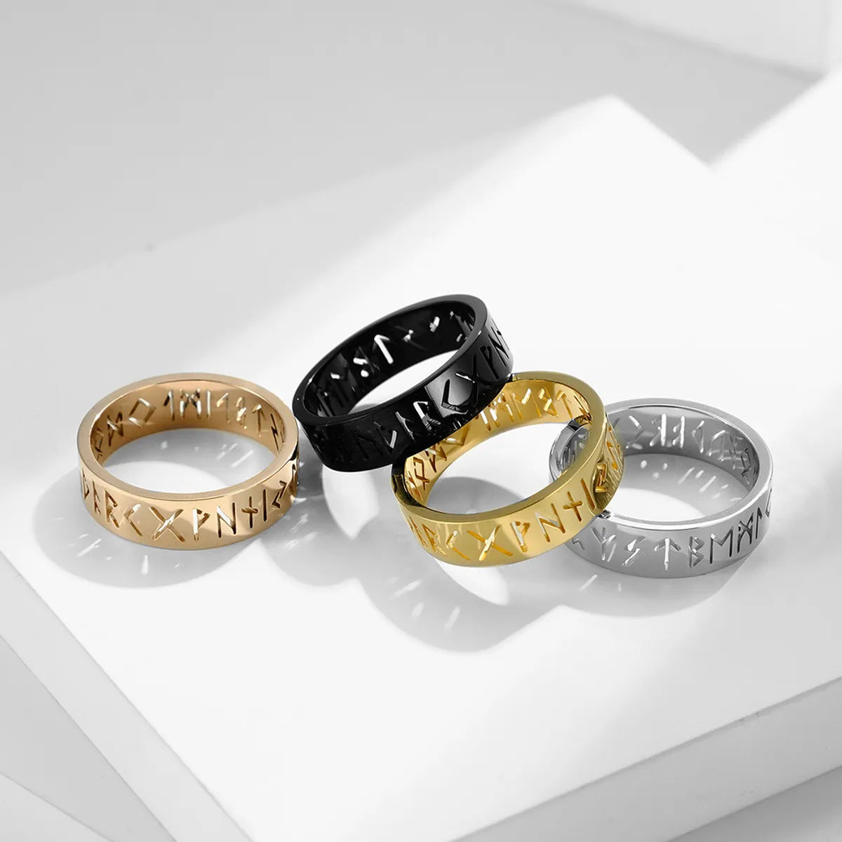 Chunky Gemstone Ring-New Fashion Text Hollow Luen Rune Men And Women Simple Stainless Steel Ring